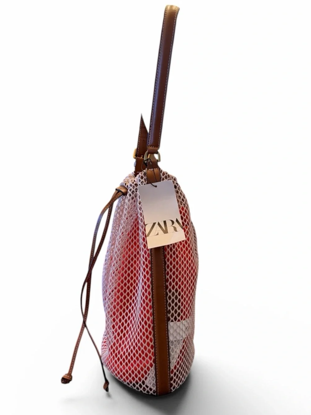 NEW!  Zara Coral - Red Mesh Drawstring Bucket Bag with Brown Leather Trim - Picture 2 of 13